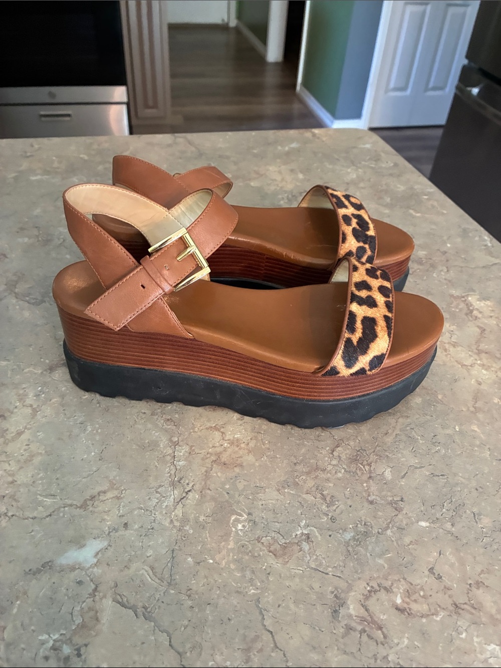 Michael Kors Brown Platform Sandals with Leopard-Print Strap